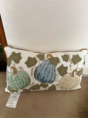 Embroidered Pumpkin Accent Pillow - Green, Blue & Cream